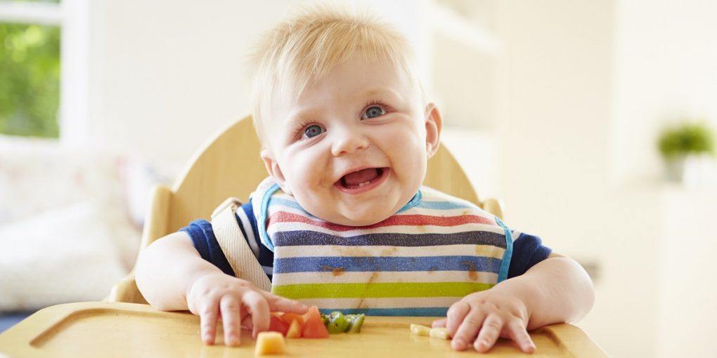 Baby Boy Enjoying His Food Wearing A Bib