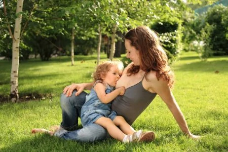 Woman Breastfeeding Her Toddler in the Park