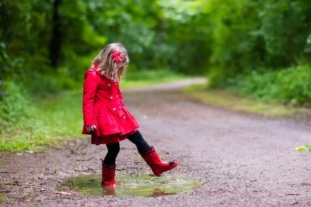 Girl playing in the rain wearing best toddler rain boots