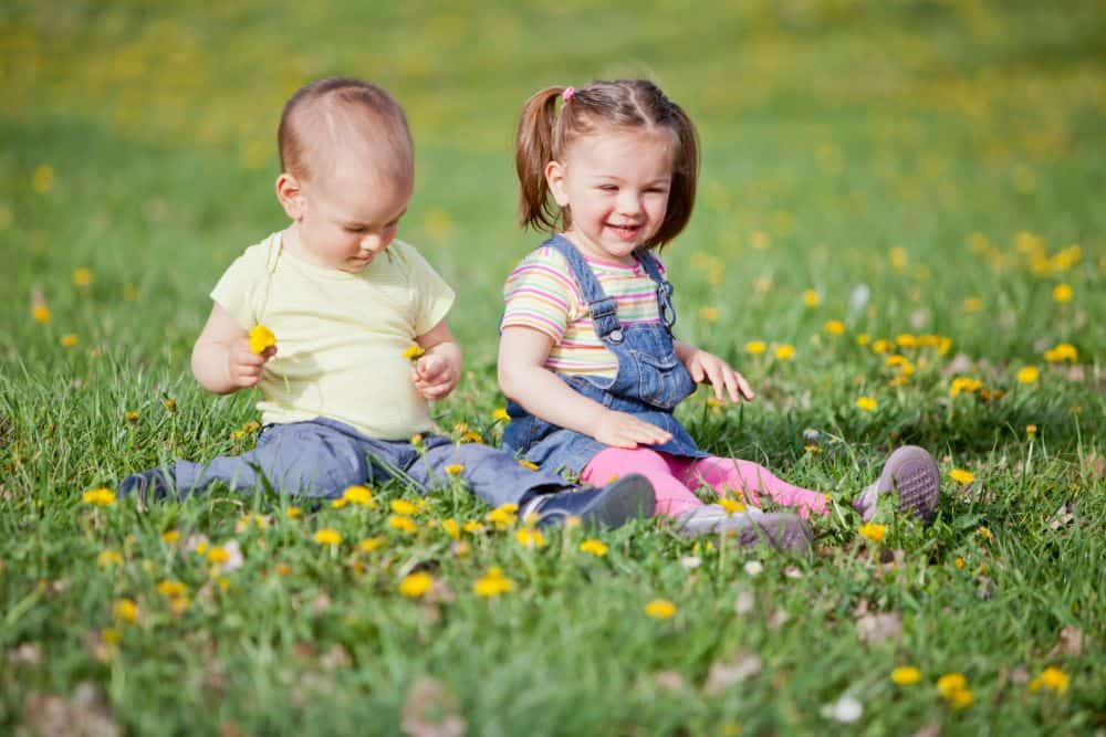 Smiling children sitting on the grass