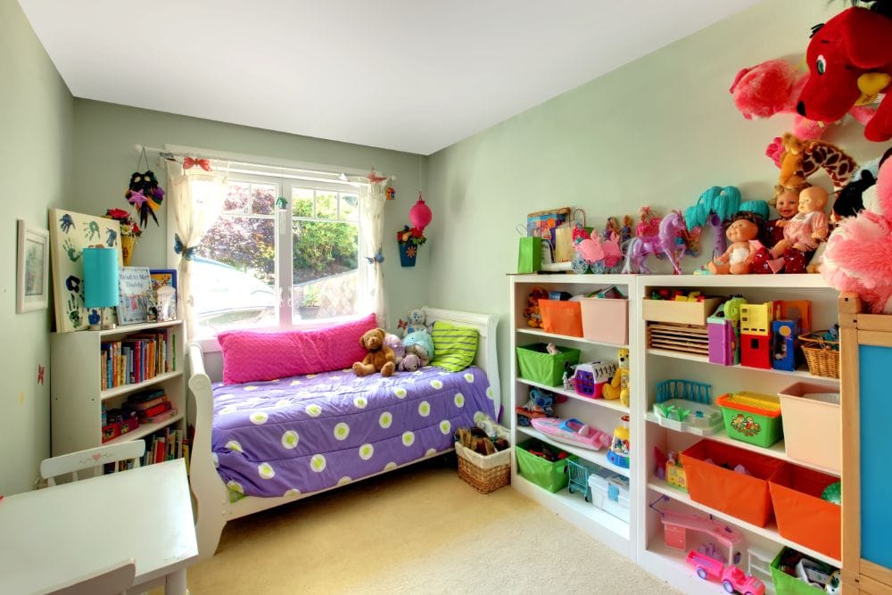 Kids bedroom with toys in shelves