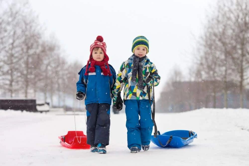 Two little boys pulling sleds in the snow