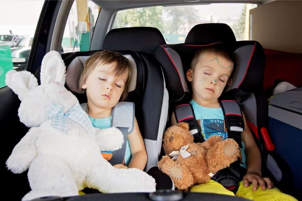 Two little boys sleeping in their car seats with stuffed toys