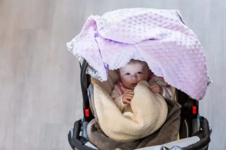 Baby in a stroller wearing a blanket