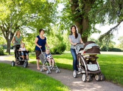 Mothers walking their babies in different kinds of strollers