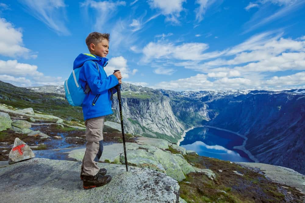 Cute Norwegian boy hiking in the mountains