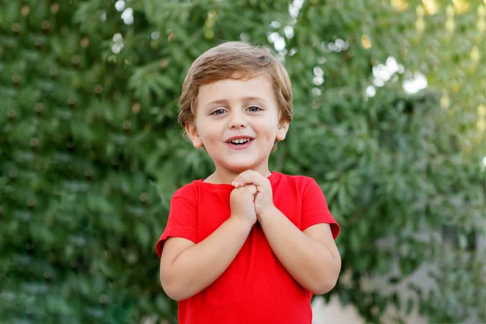 Cheerful young boy wearing red t-shirt in the garden