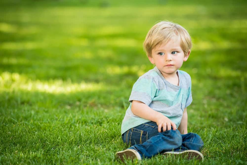 Cute blonde little boy sitting on grass in the park