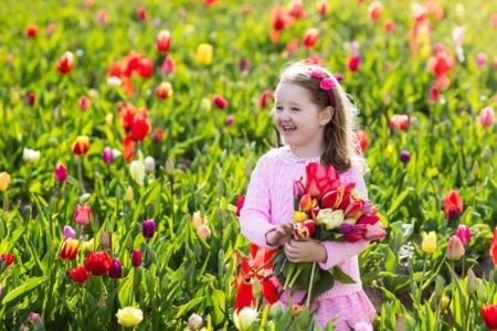 Happy Dutch girl holding a bouquet of tulips