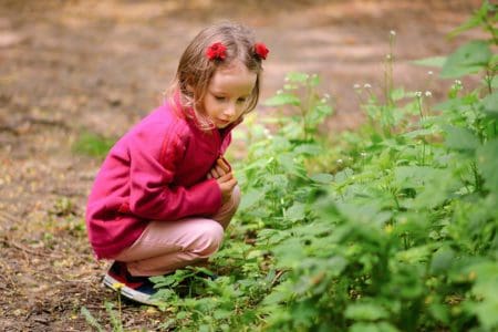 Adorable cute little girl looking at plant while sitting