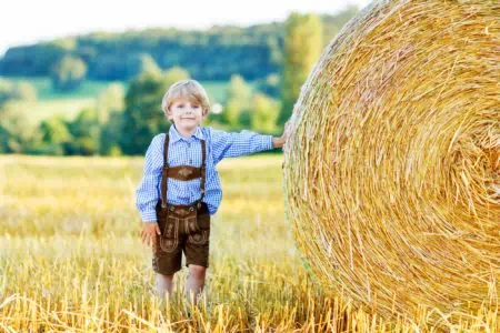 Little German boy in a Bavarian costume leaning on a haystack