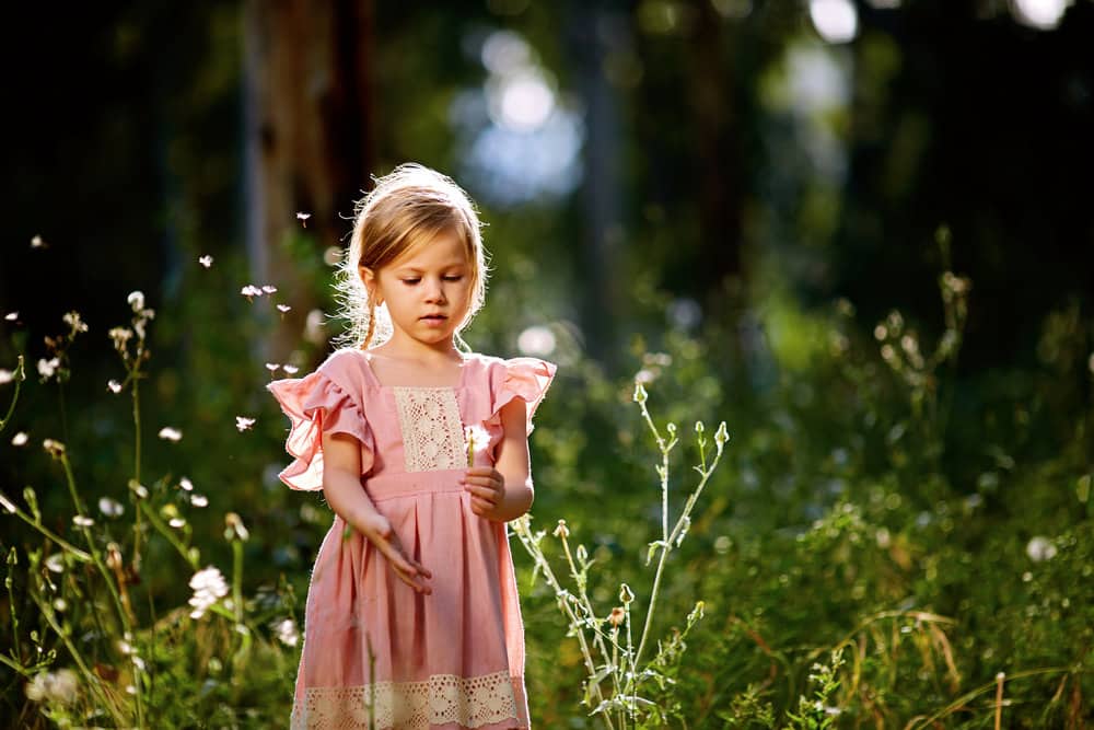 Little girl in pink dress with tails blowing out dandelion seeds in the meadow
