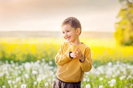 Cheerful little boy in dandelions field