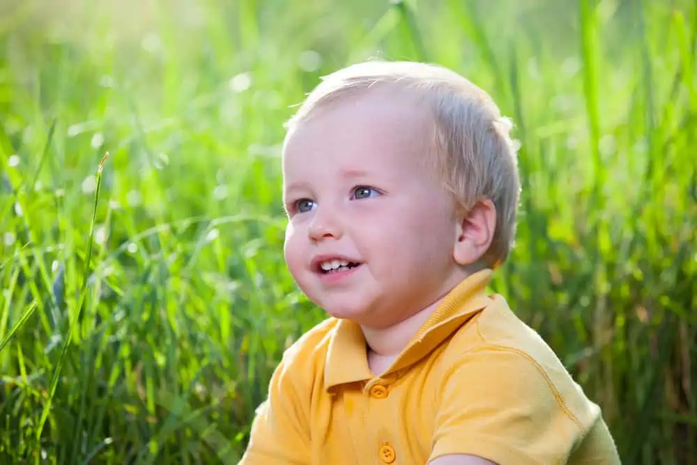 Smiling happy little boy sitting in the garden with green grass