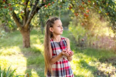 Cute young girl in plaid dress holding apple in both hands in the farm