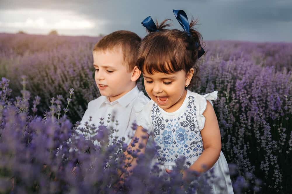 Brother and sister playing in the middle of the lavender field