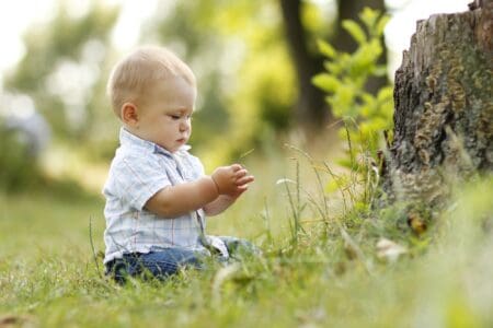 Little boy sitting near a tree stump in the park