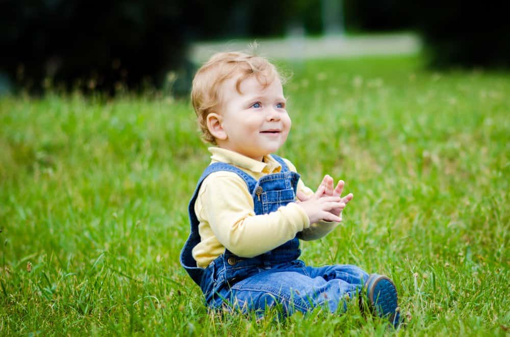 Little boy in denim overalls sitting on the grass in the park