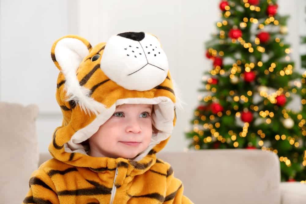 Little boy in a tiger costume sitting on the sofa