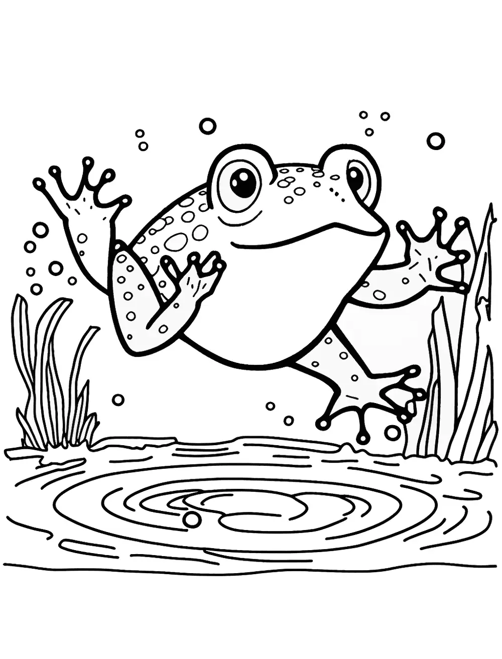 Frog Jumping Into a Pond Coloring Page - A frog, in mid-jump, diving into a pond with a big splash.