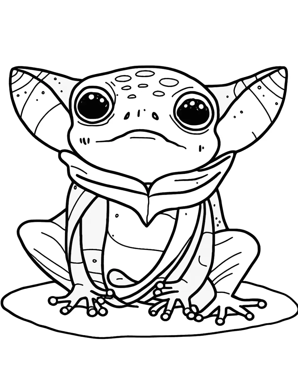 Baby Yoda Frog Coloring Page - A frog dressed as Baby Yoda, with green skin and big ears.