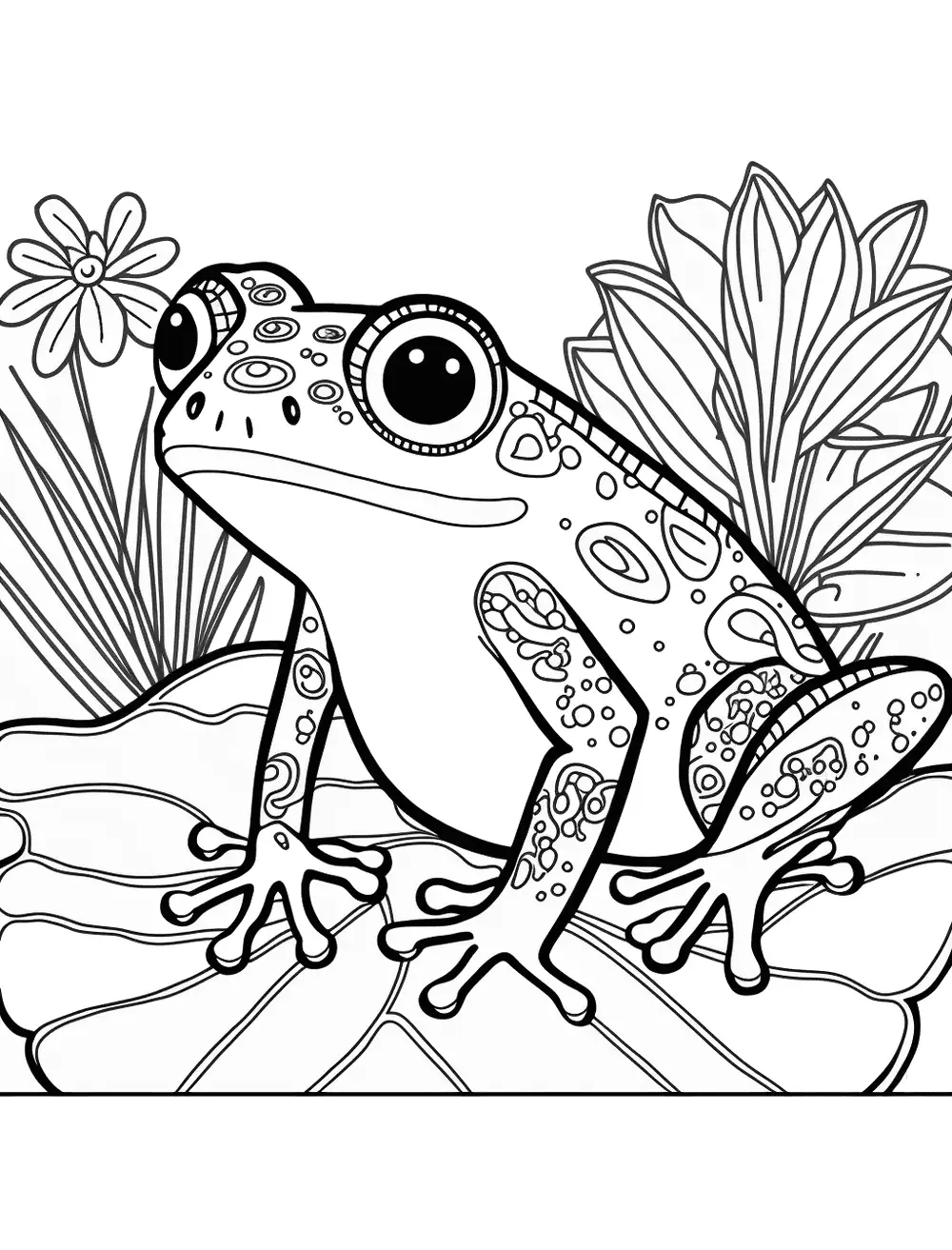 Red-Eyed Frog Coloring Page - A frog with bright red eyes, surrounded by leaves and flowers