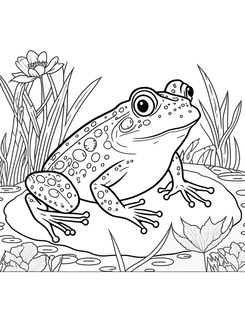 Bull Frog In A Swamp Coloring Page - A bull frog in a swamp, surrounded by lily pads and other plants