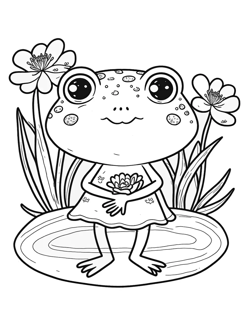 Girl Frog With Flowers Coloring Page - A girl frog with a bow in her hair, carrying a bouquet of flowers.