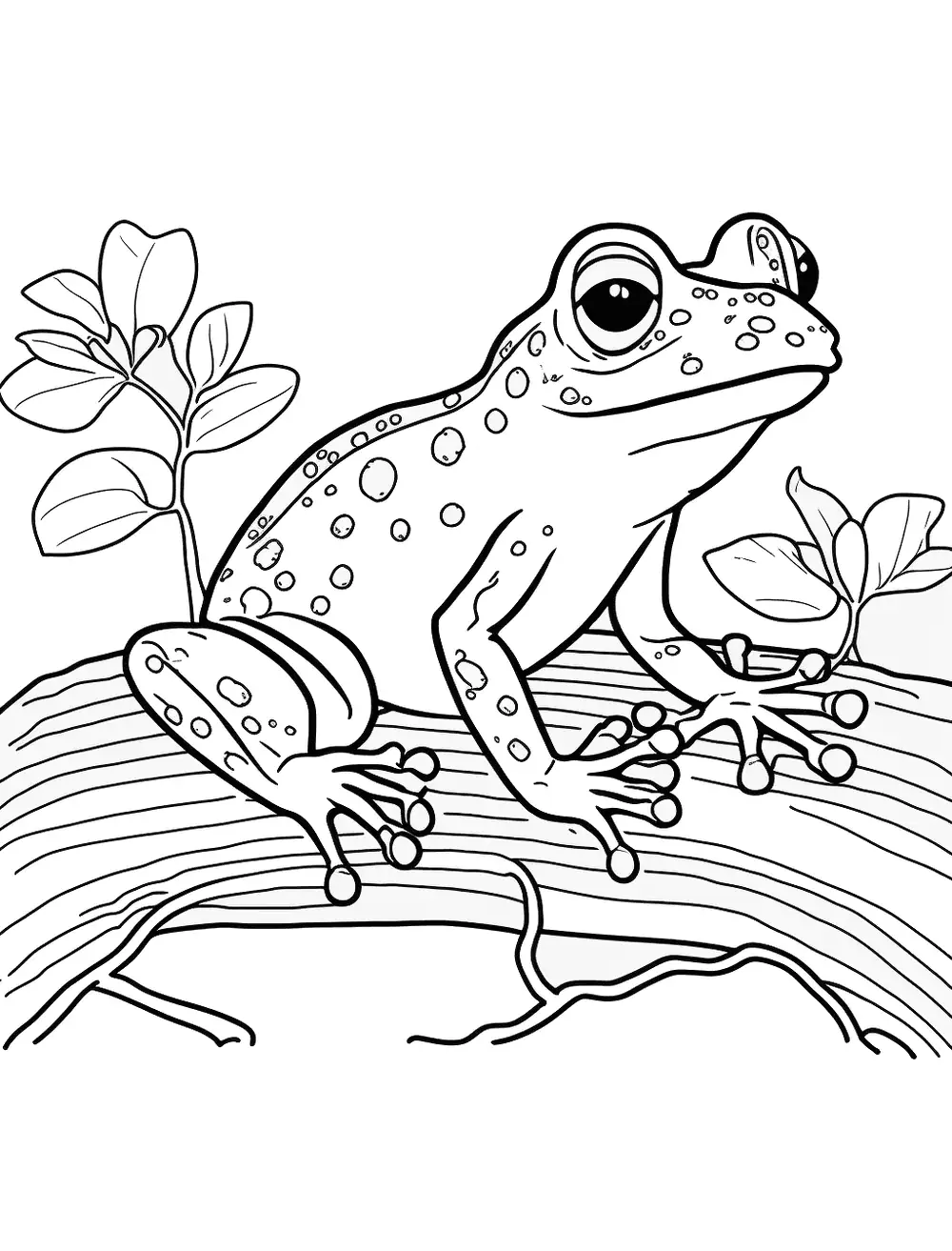 Tree Frog On A Branch Coloring Page - A tree frog sitting on a branch, with leaves and flowers