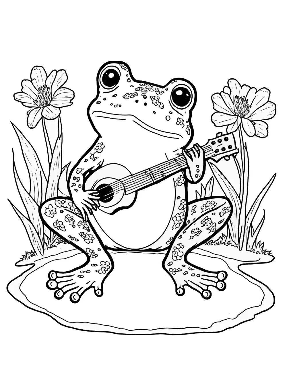 Frog Playing an Instrument Coloring Page - A frog is playing a musical instrument, like a guitar or trumpet.