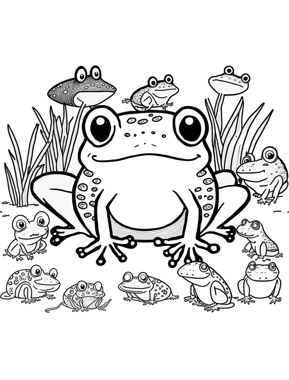 Frog and Friends Coloring Page - A group of weird-looking frogs.