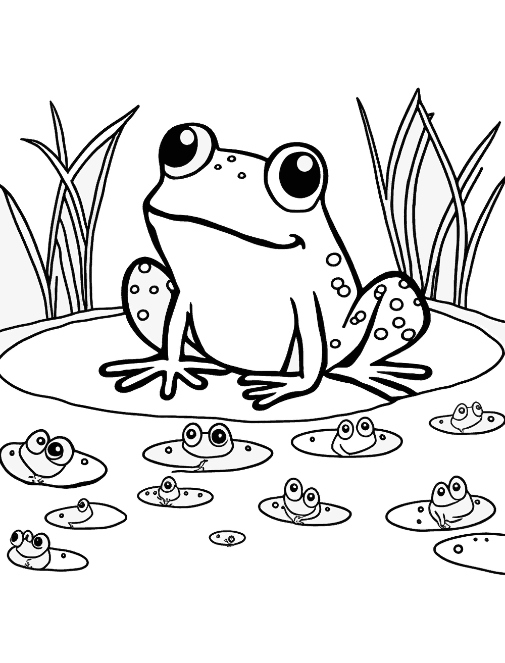 Frogs In a Pond Coloring Page - A group of frogs swimming and playing in a pond.