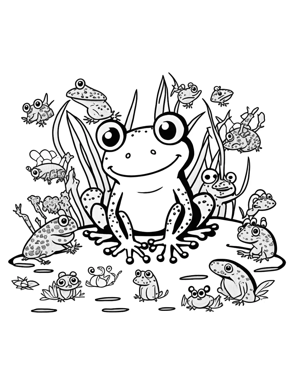 Frogs and Bugs Coloring Page - A group of frogs hunting and eating bugs.