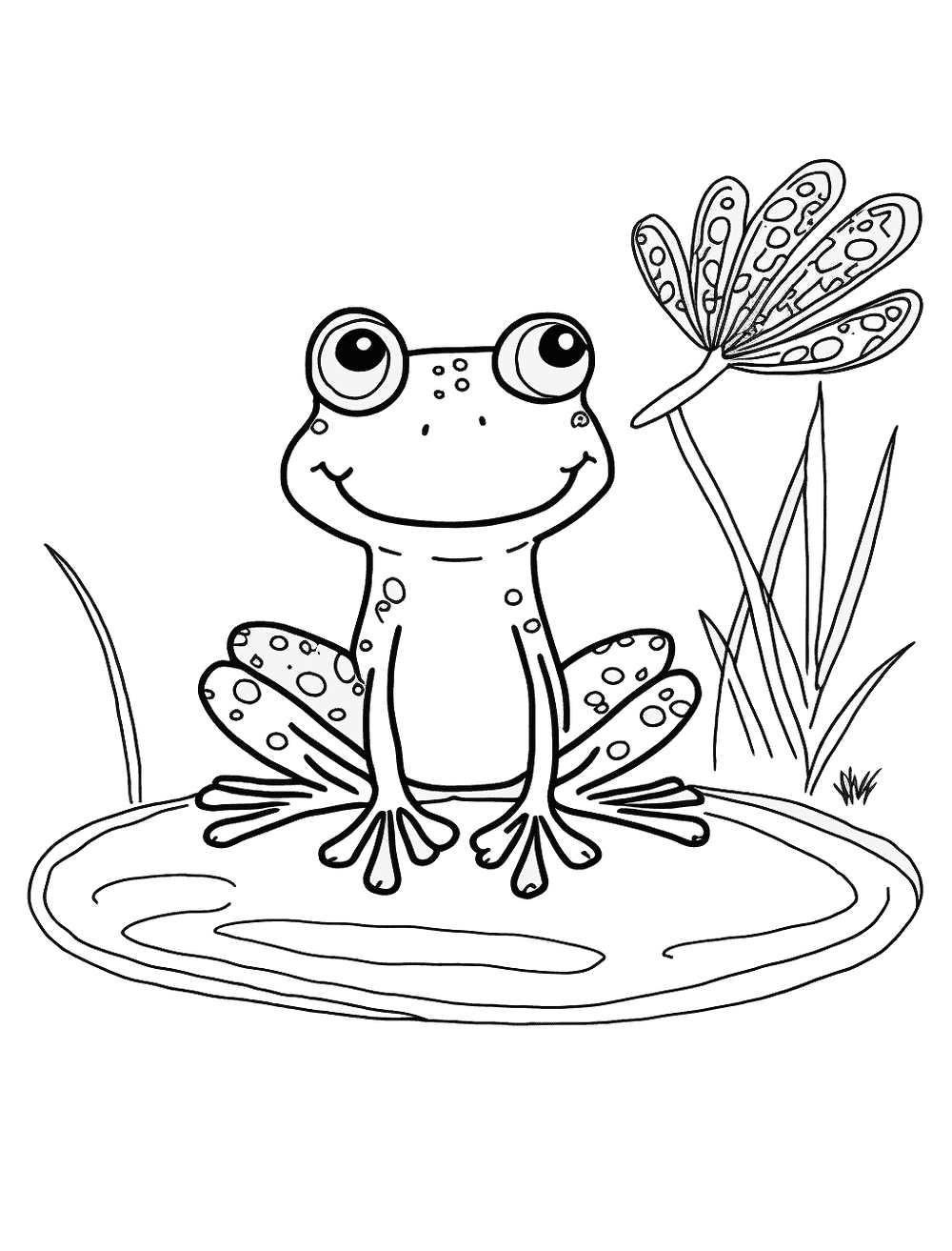 Frog and Dragonfly Coloring Page - A frog and a dragonfly fly together in the sky.