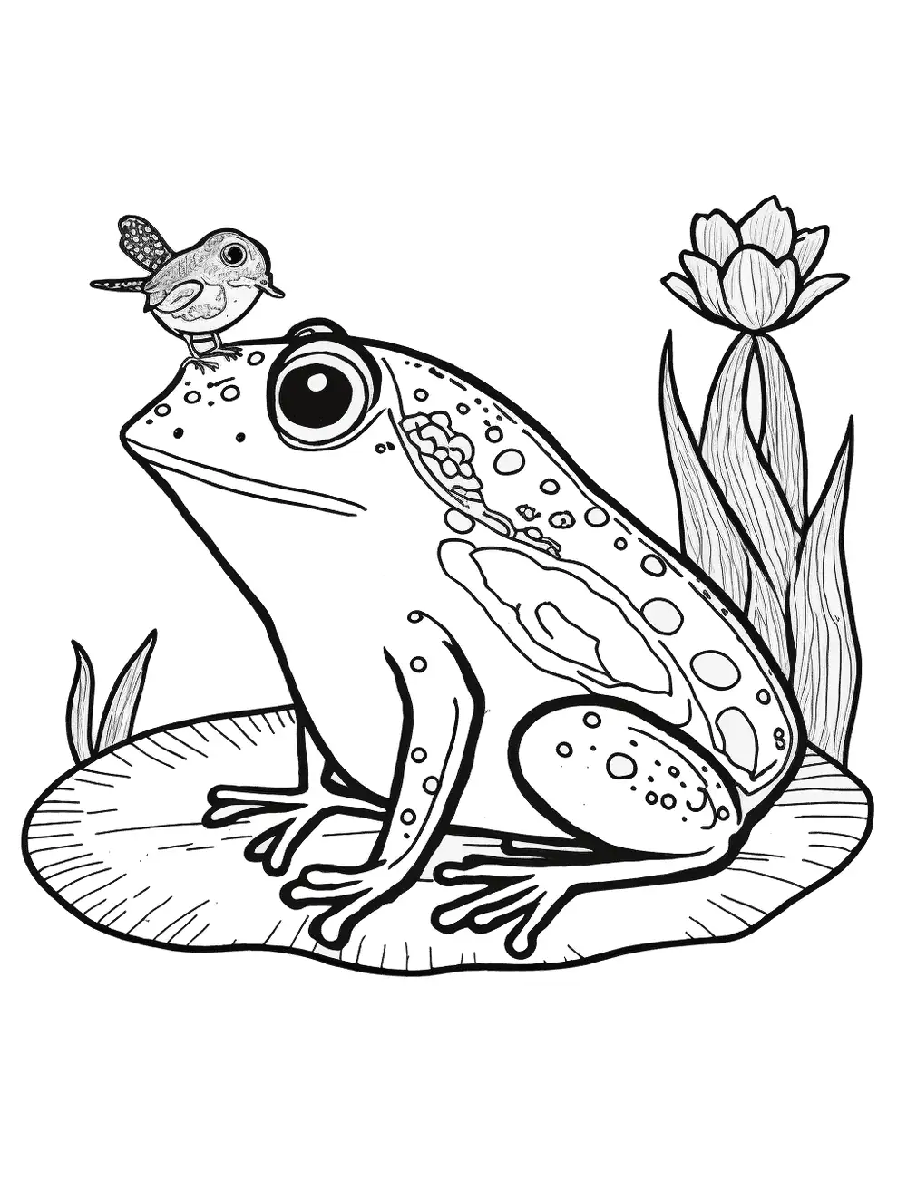 Frog And Bird Coloring Page - A frog and a bird, with the bird sitting on the frog's back