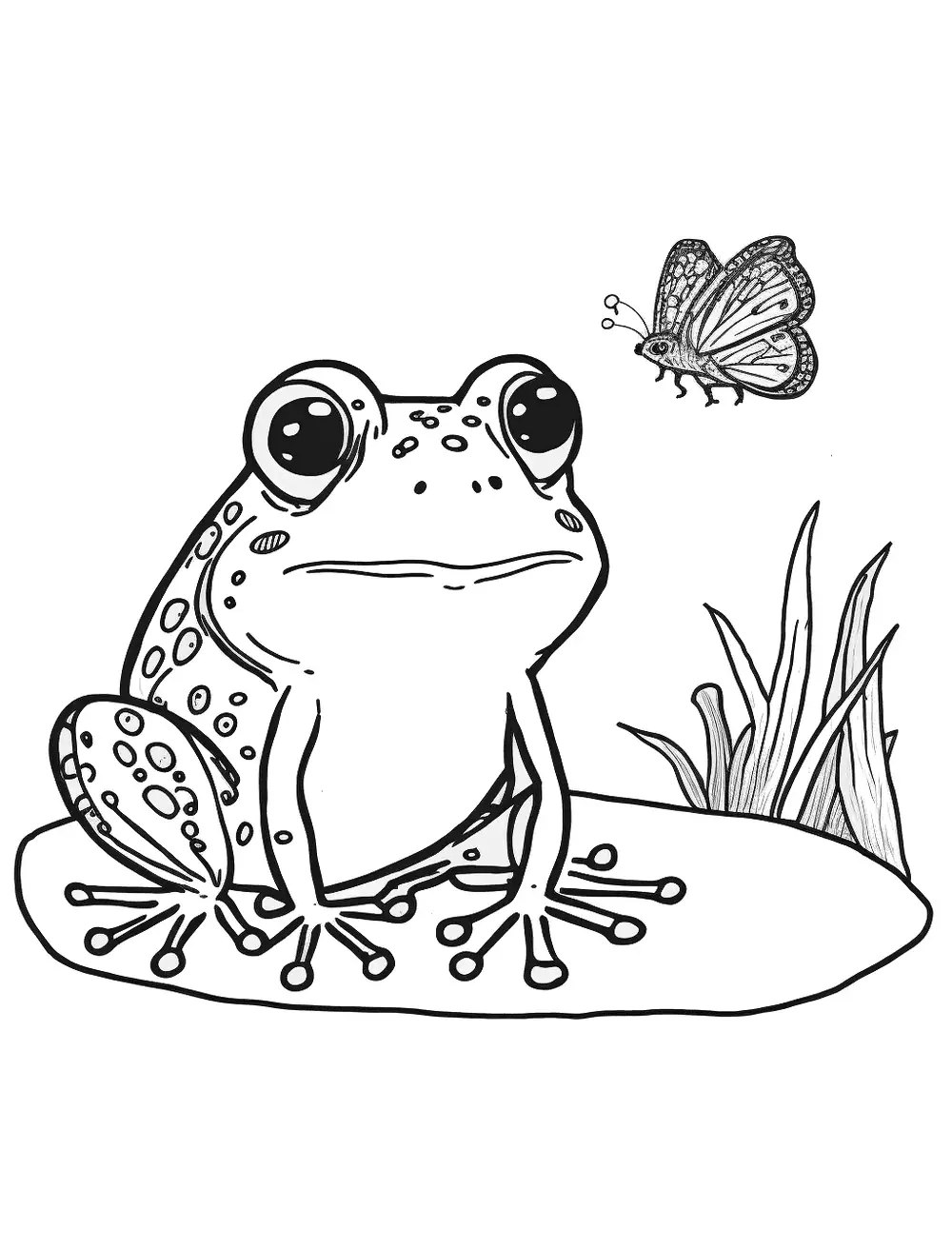 Frog And Butterfly Coloring Page - A frog and a butterfly, with the butterfly landing on the frog's nose