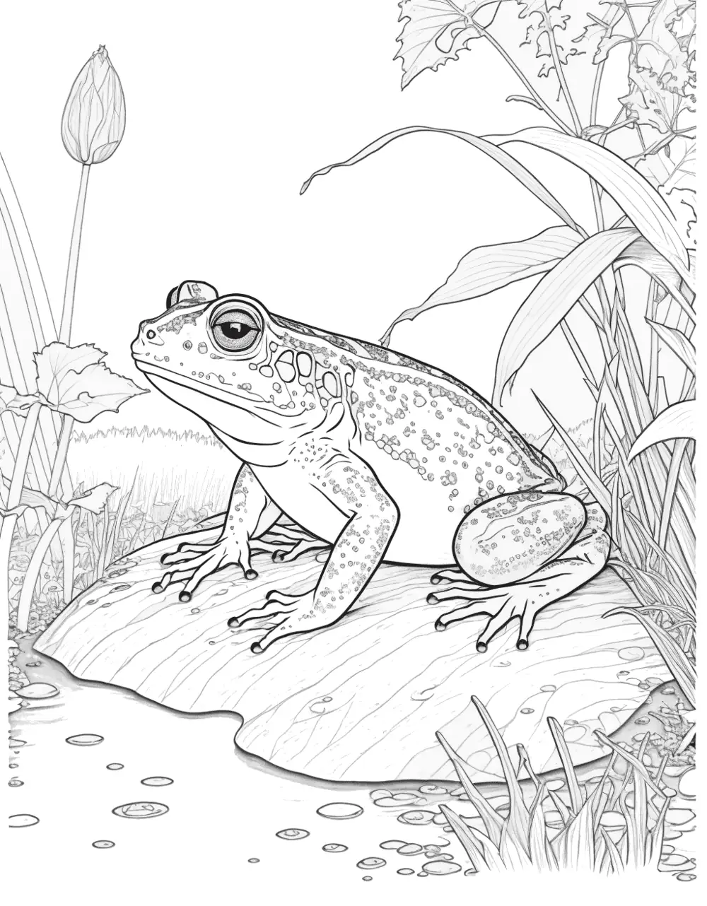 Realistic Frog in Nature Coloring Page - A realistically drawn frog in its natural habitat.