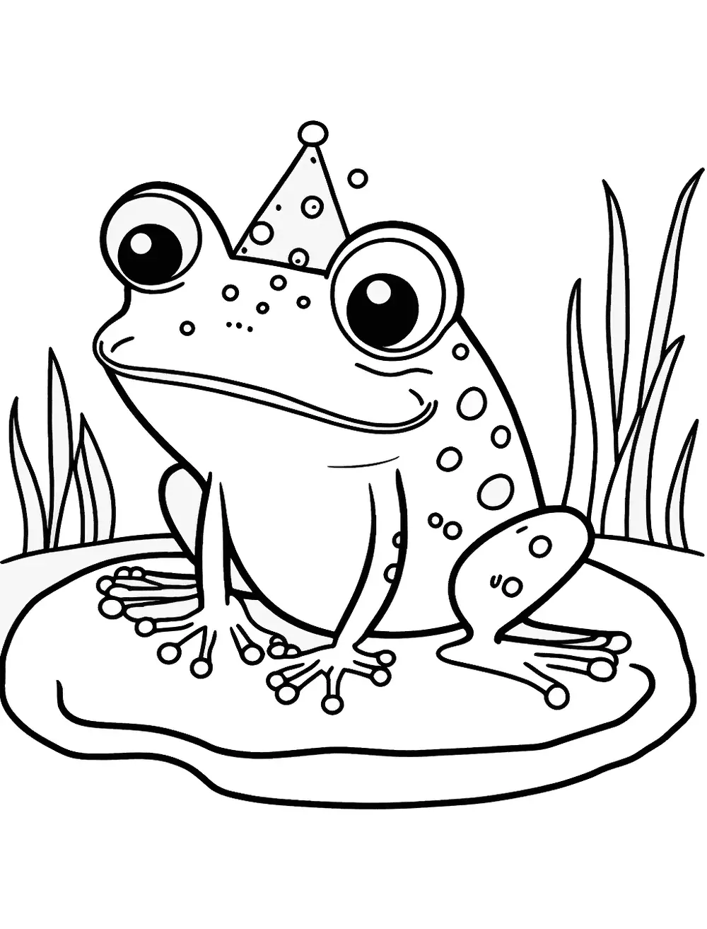 Birthday Frog Coloring Page - A frog celebrates his birthday with a cake and a birthday hat.