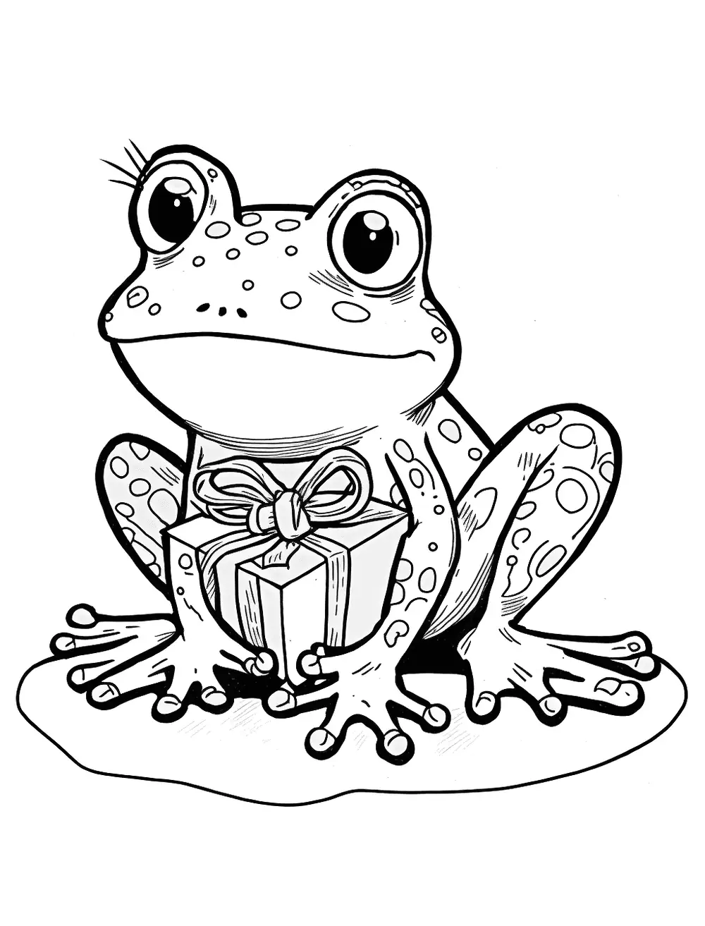 Christmas Frog Coloring Page - A frog with a gift celebrating Christmas.