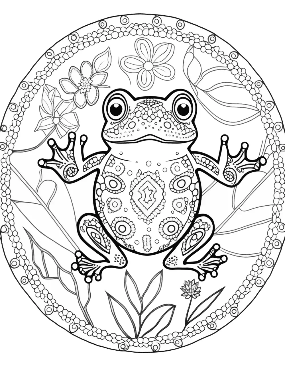 Mandala Frog Coloring Page - A frog-themed mandala pattern for kids to color.