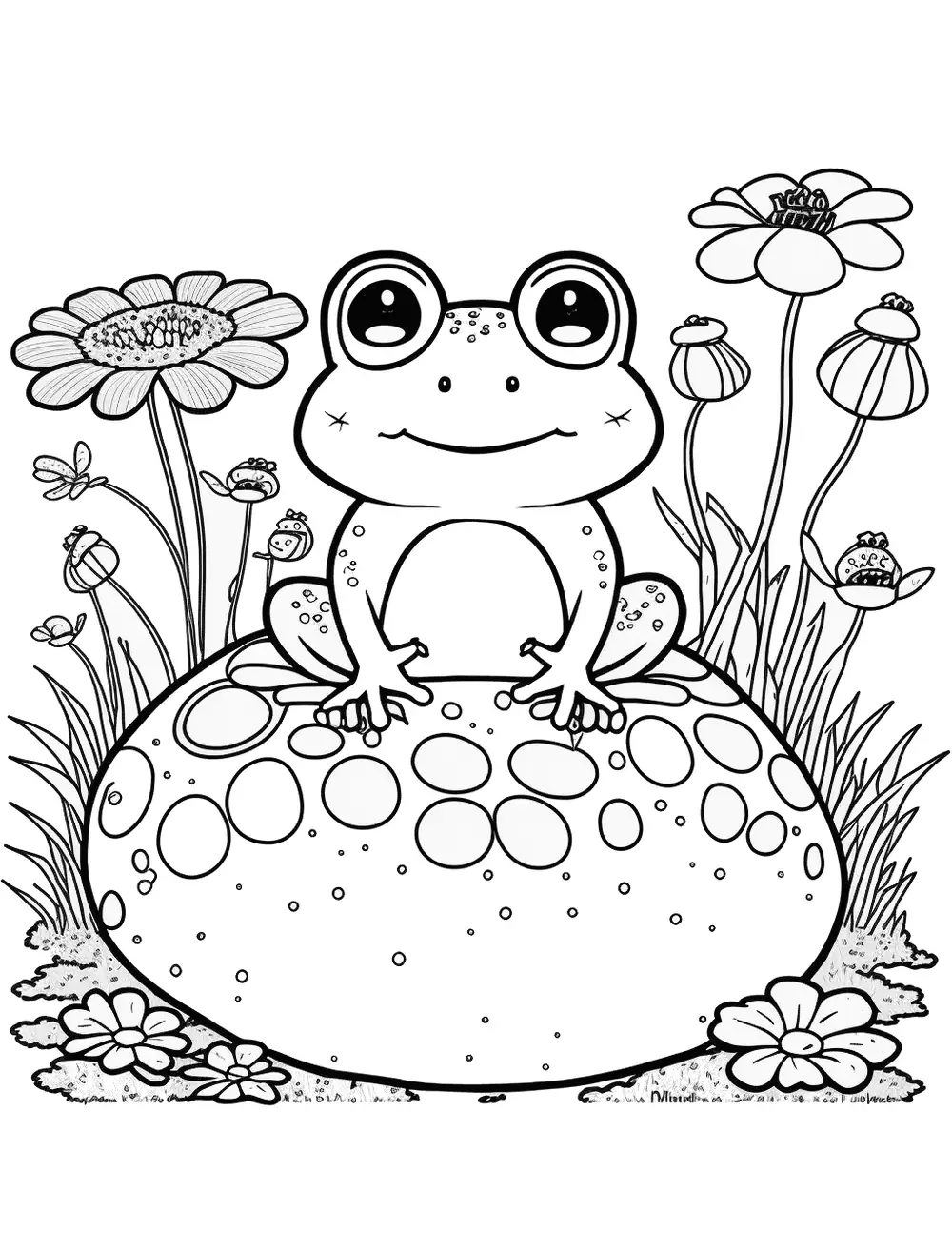 Toad In a Mushroom Frog Coloring Page - A toad sitting on a mushroom, surrounded by flowers and insects.
