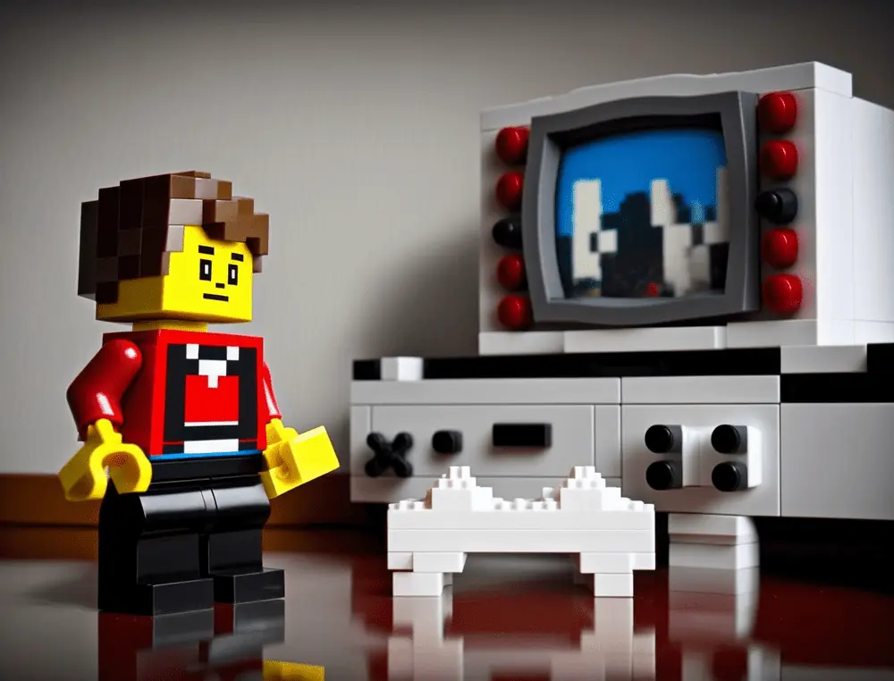 Lego character playing video games