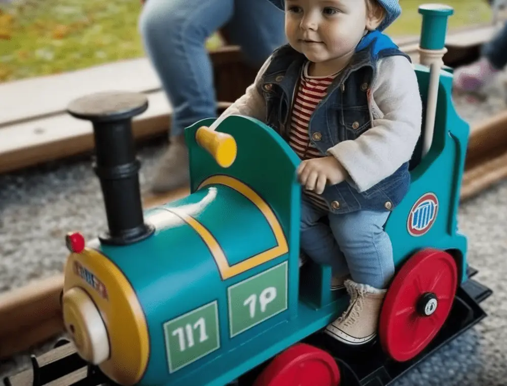 Cute toddler on a ride-on train