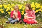 Kids playing with toy bunnies in the daffodil garden.