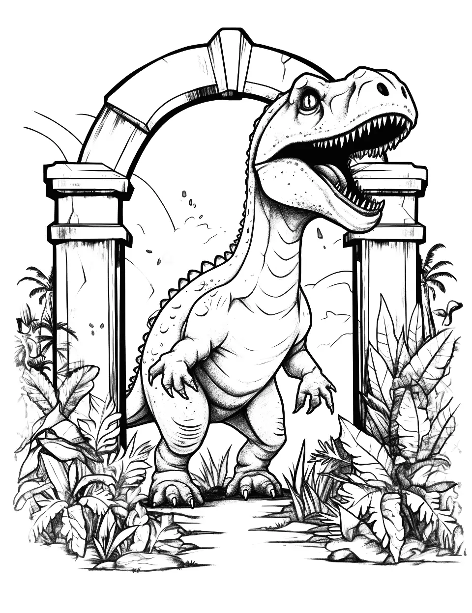 Jurassic World Gates Coloring Page - The iconic gates of Jurassic World with a roaring T-Rex in the background.