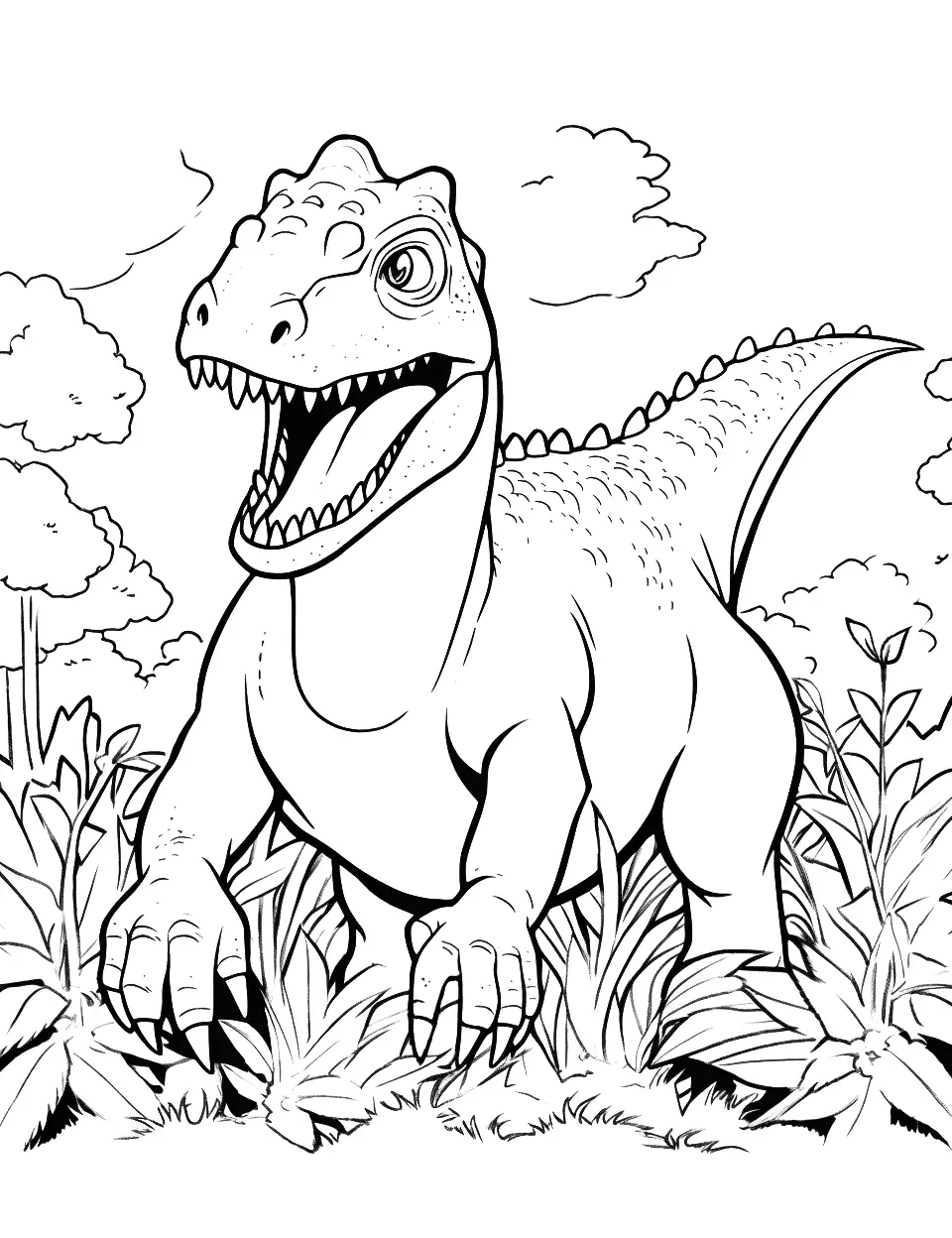 Carnotaurus Charge Coloring Page - A Carnotaurus charging through the underbrush.