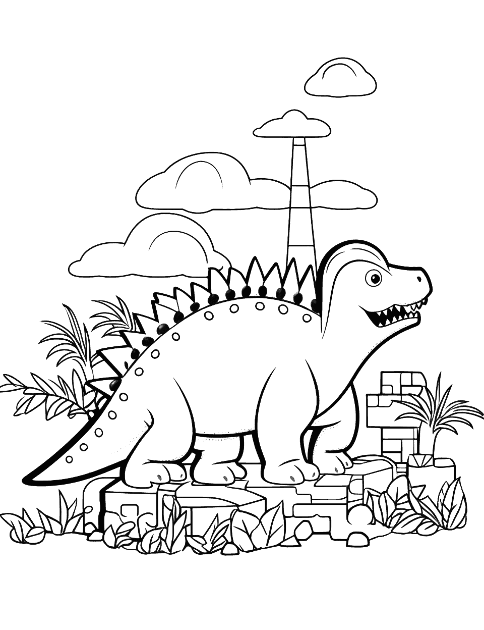 Lego Dinosaur Adventure Coloring Page - An imaginative scene featuring dinosaurs made of Lego blocks.
