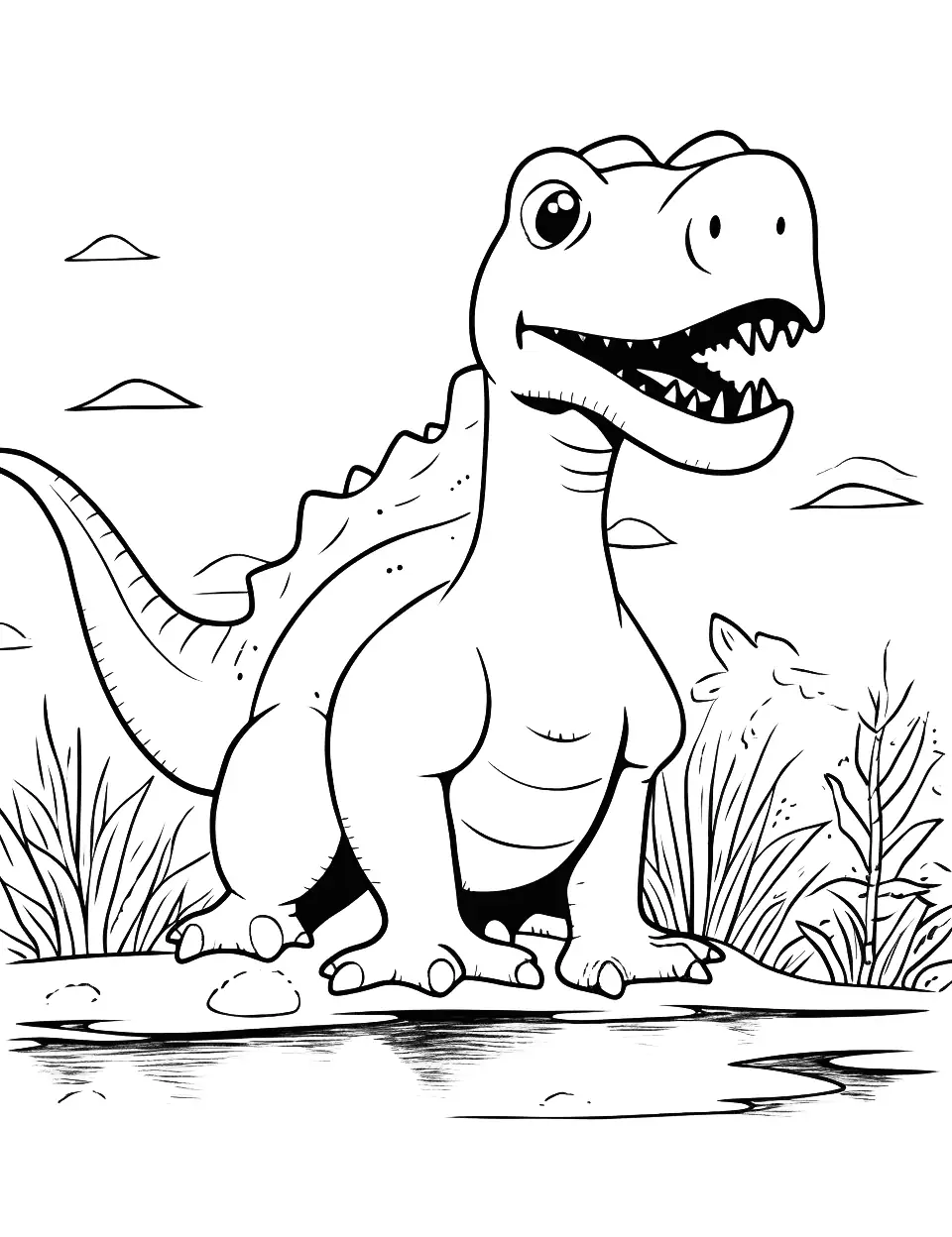 Baryonyx in the Swamp Coloring Page - A Baryonyx hunting for fish in a prehistoric swamp.
