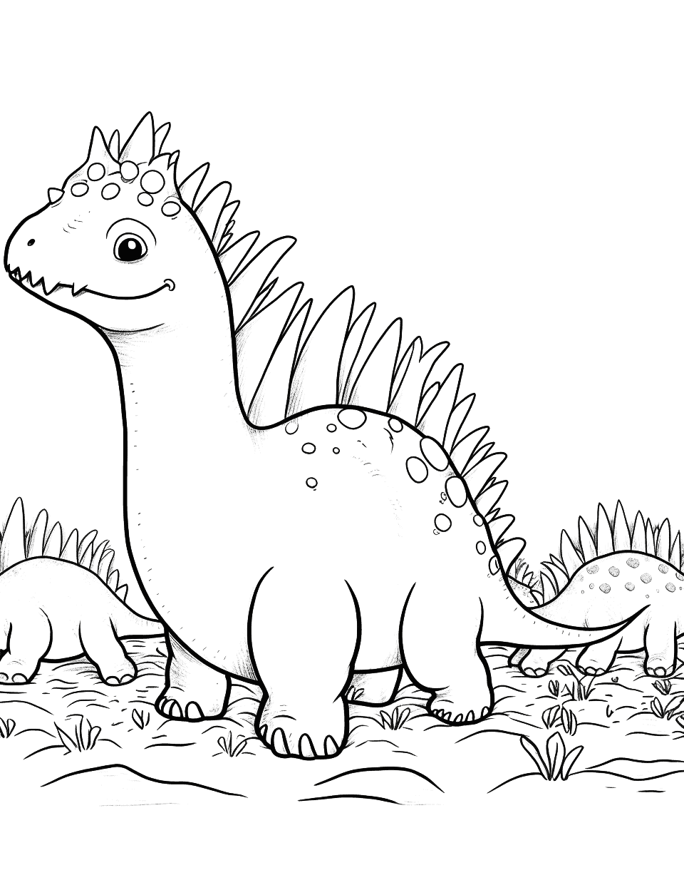 Stegosaurus Herd Coloring Page - A herd of Stegosaurus moving across the plain.
