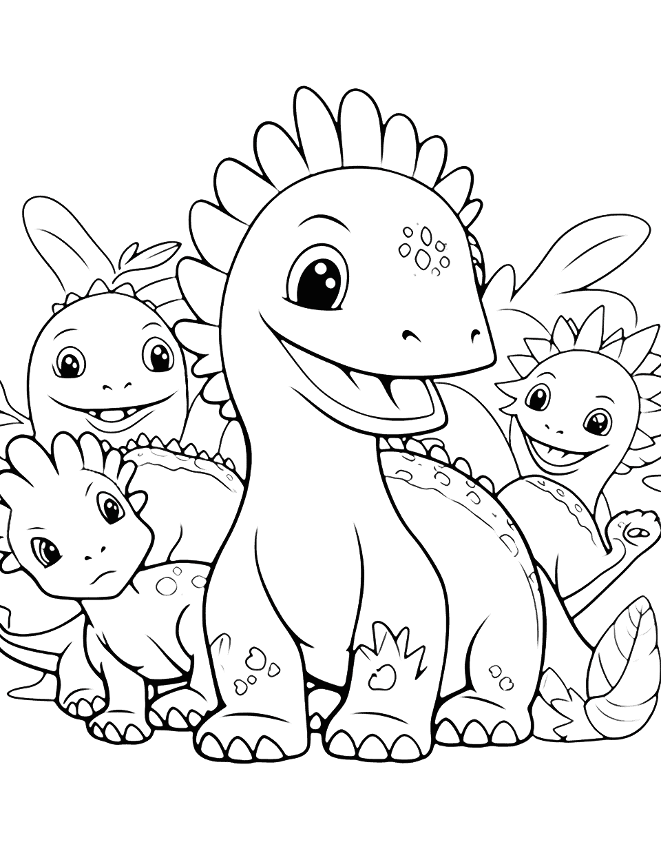 Cute Baby Dinosaurs Coloring Page - A collection of adorable baby dinosaurs playing together.